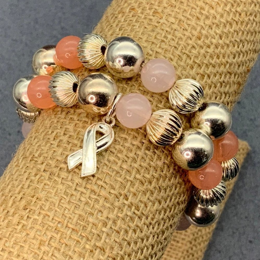 Breast Cancer Awareness Bracelet Stretch Pink Silver Fluted Ribbon Charm BCA